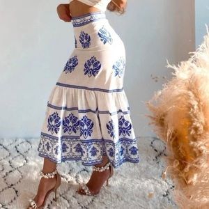 Zara White 100% Linen Embroidered Midi Boho Skirt